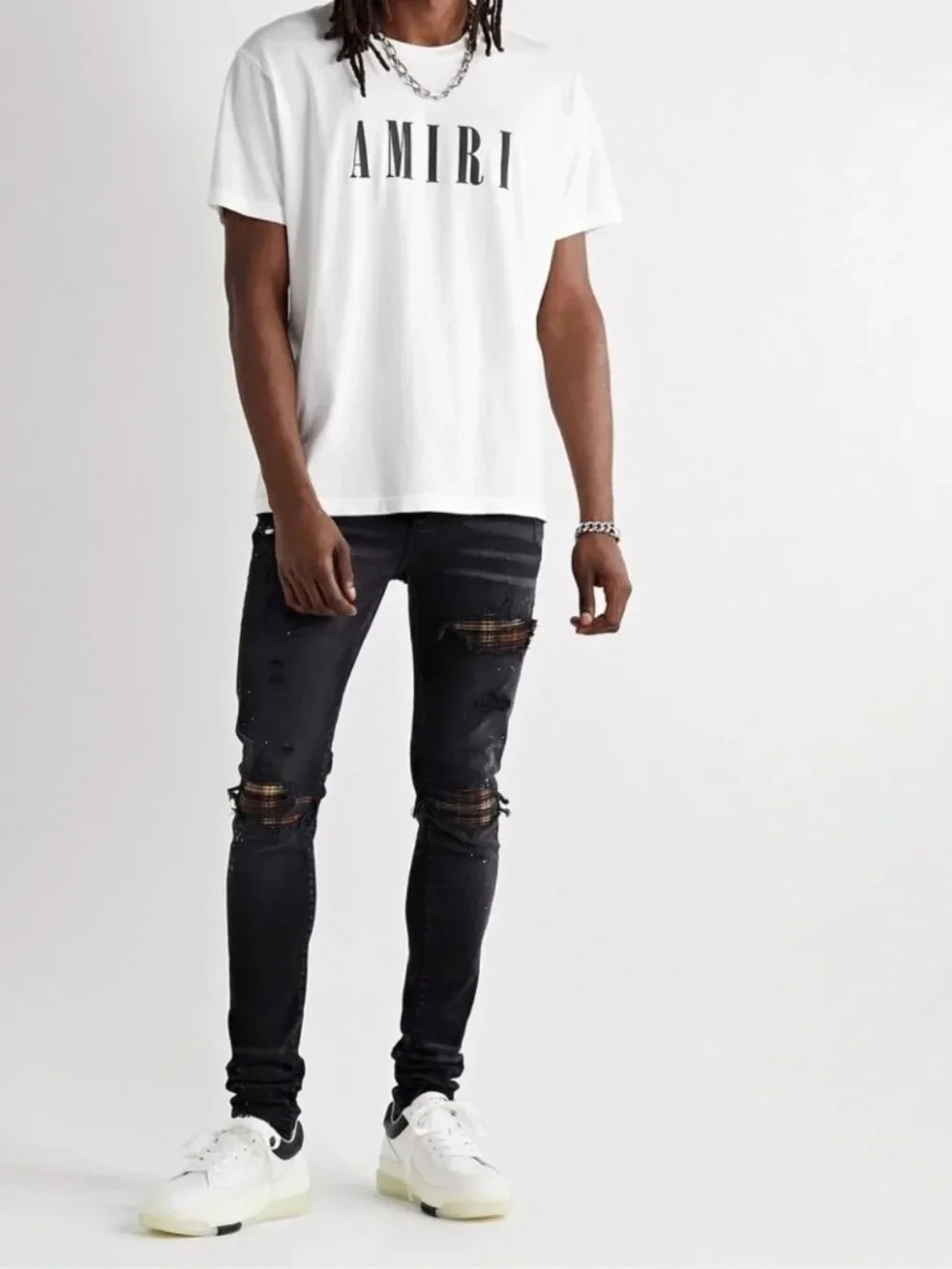 AMIRI Men's White Black Stadium Low-Top Lace-Up Sneakers Shoes
